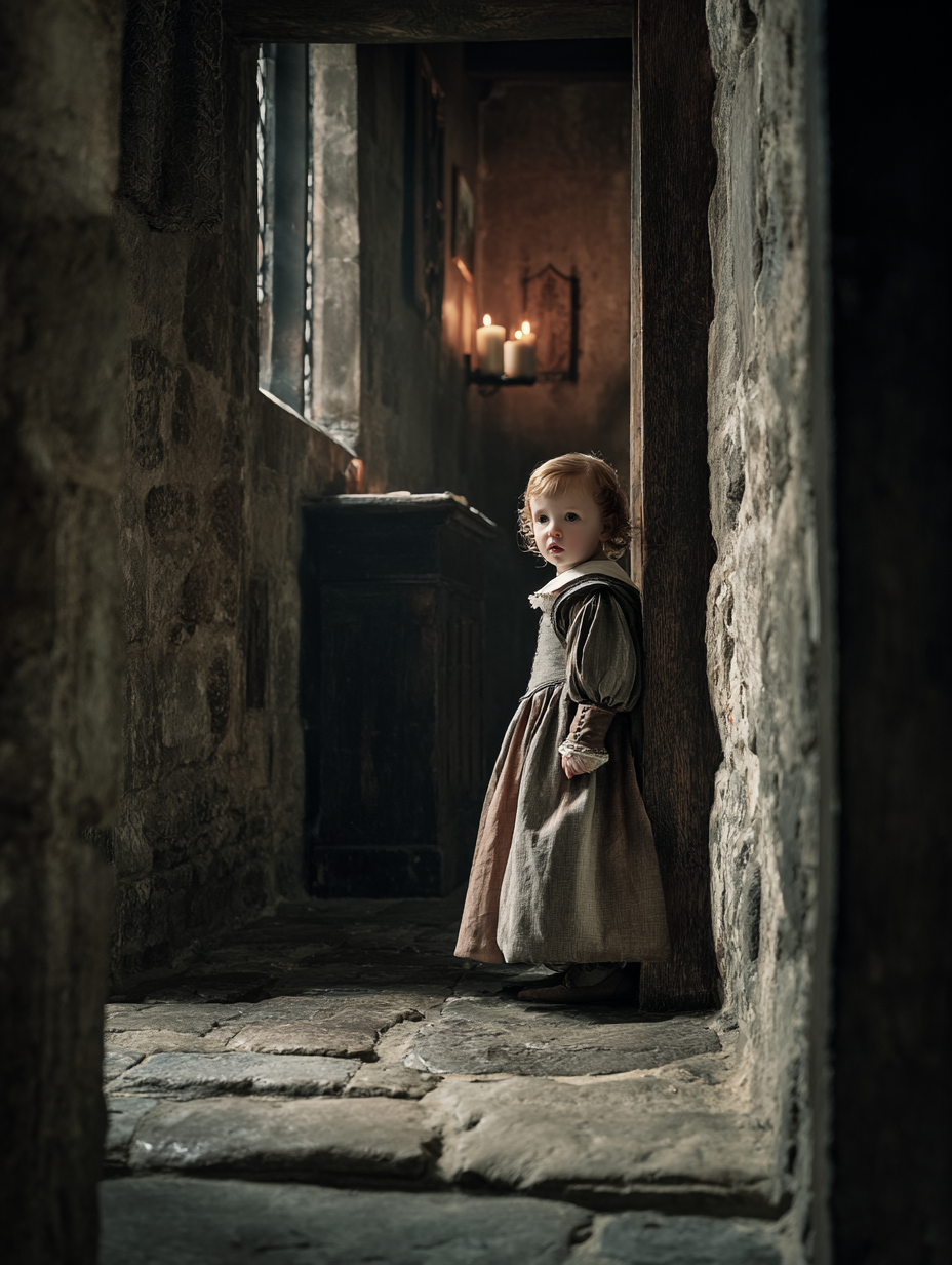 Mary Seymour, daughter of Queen Katherine Parr, shown as a young Tudor princess in a candlelit 16th-century palace, representing her disappearance from historical records.